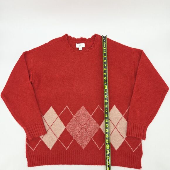 Ellle Argyle Sweater Womens Large Scalloped Neck Metallic Winter Academia Xmas - Picture 6 of 8